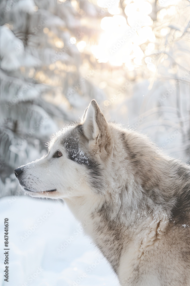 Alaskan Malamute standing proudly in snow, side view, snow-covered trees, bright sky, cool tones. Alaskan Malamute standing proudly in snow, side view, snow-covered trees, bright sky, cool tones.
