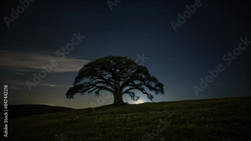 Lone Oak Tree Silhouetted Against Night Sky in California