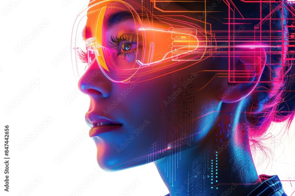 A woman acting, sci-fi movie scene, futuristic illustration, neon colors, isolated on white background A woman acting, sci-fi movie scene, futuristic illustration, neon colors, isolated on white background