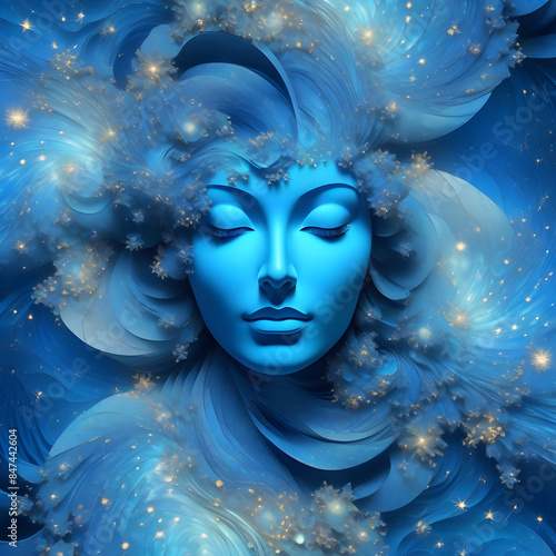 a woman's head with a space-inspired texture and hazy blue background in the style of fractalism photo