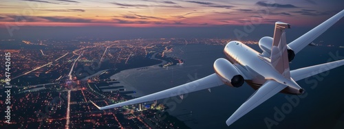 Photo of, A sleek airliner soaring above a serene ocean photo