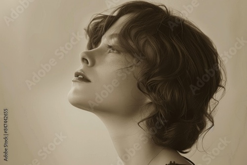 A woman acting, silent film, vintage sepia tones, isolated on white background photo