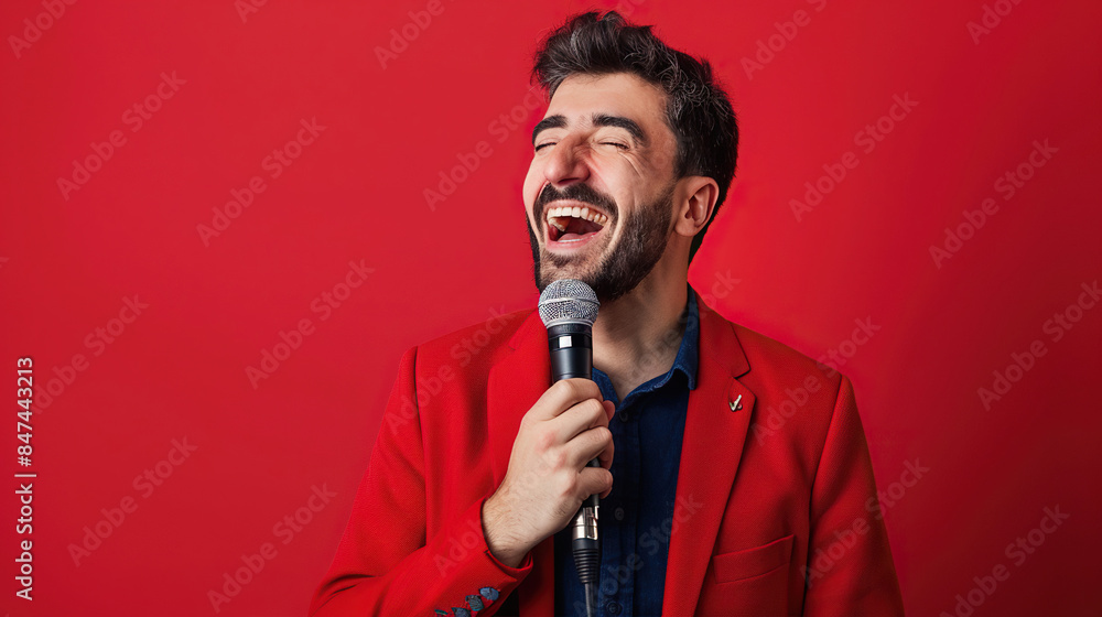 Cheerful Man Laughing in a Red Jacket - Joyful and Lively Portrait Cheerful Man Laughing in a Red Jacket - Joyful and Lively Portrait
