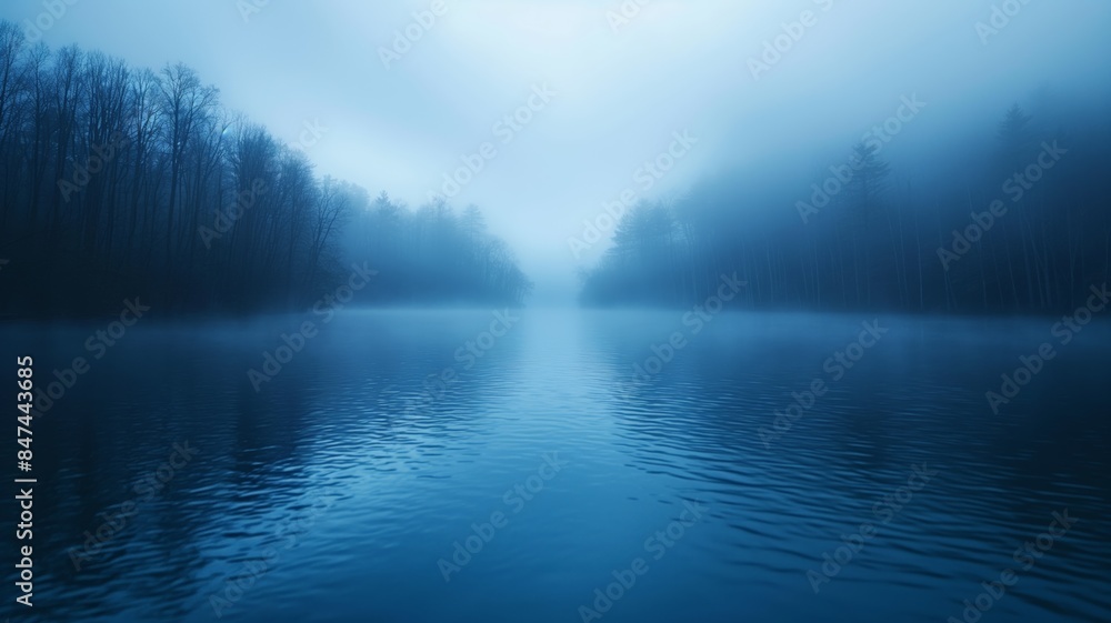 Mysterious Foggy Lake Amid Bare Trees at Dusk in Blue Tones Mysterious Foggy Lake Amid Bare Trees at Dusk in Blue Tones