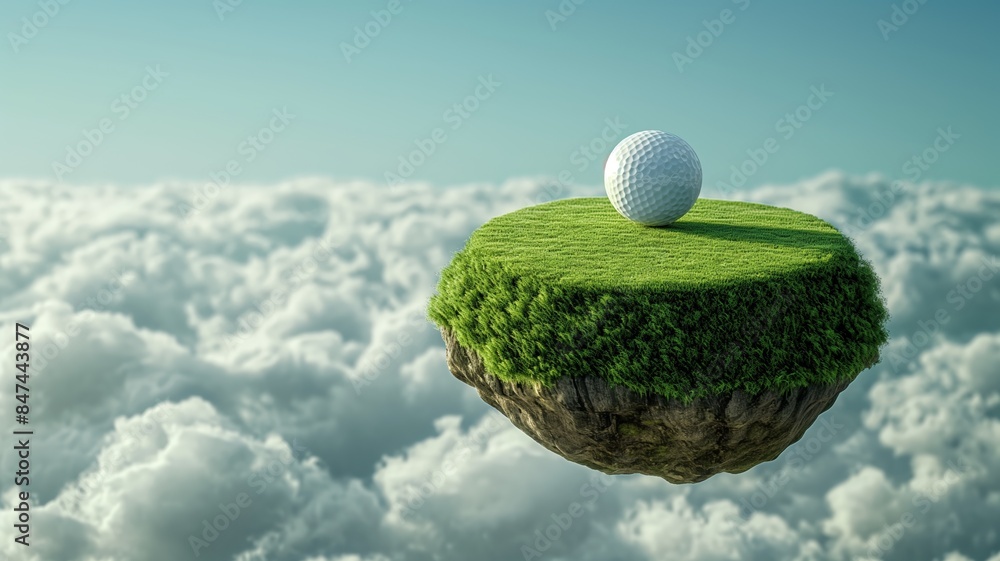 Floating Golf Course Island in the Sky with Golf Ball Above Clouds Floating Golf Course Island in the Sky with Golf Ball Above Clouds