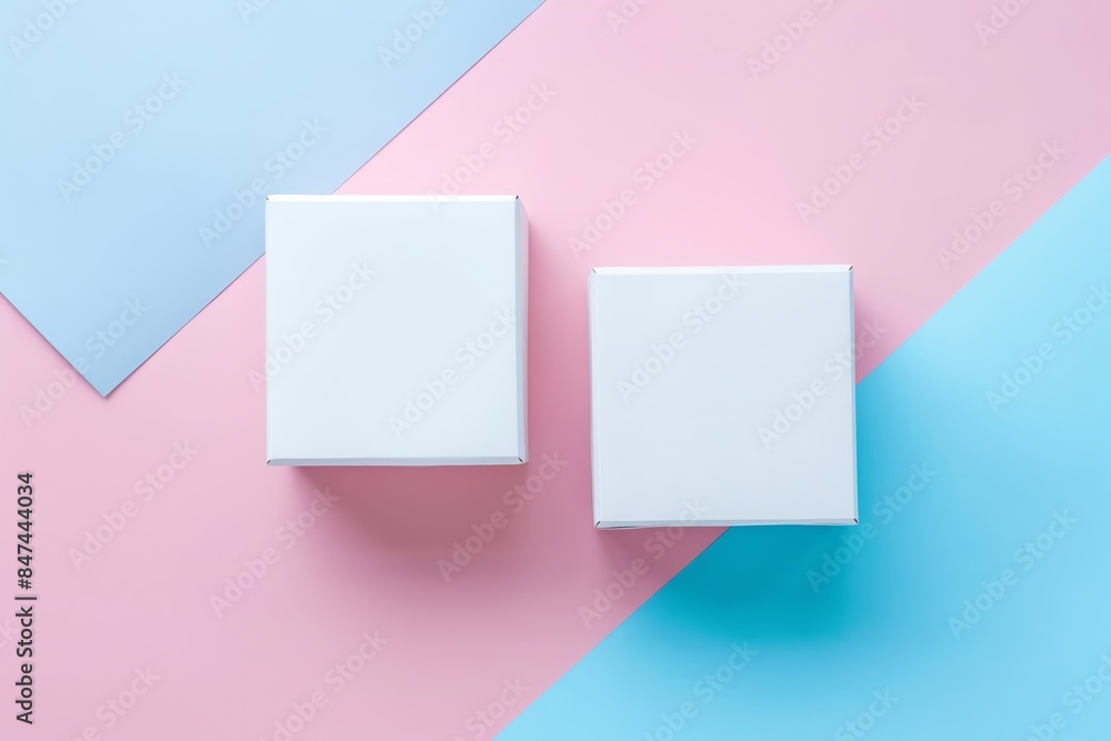 Two white boxes mockup, one is bigger than the other laying on top of each other, pastel color background, minimalistic style, studio shot, top view Two white boxes mockup, one is bigger than the other laying on top of each other, pastel color background, minimalistic style, studio shot, top view