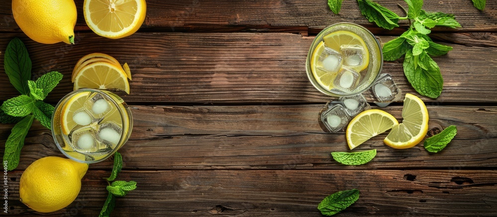 Top view of lemonade glasses with lemon, mint, and ice on a wooden table, providing ample space for text. Top view of lemonade glasses with lemon, mint, and ice on a wooden table, providing ample space for text.