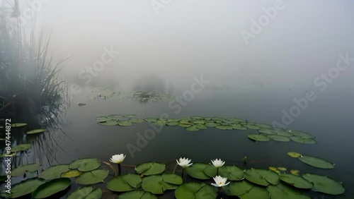 Early Morning Fog Over a Lake With Water Lilies