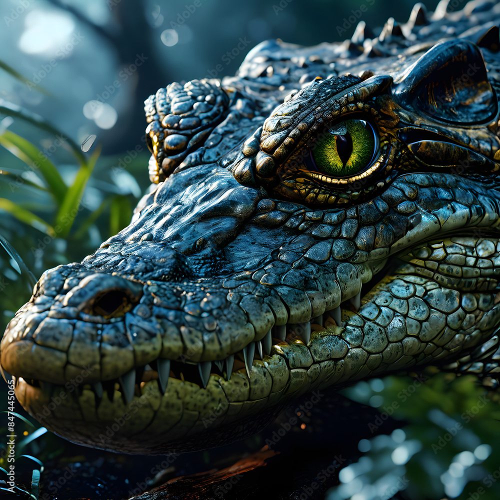 Fototapeta premium hyper realistic eye level exterior photo of crocodile monster in the jungle at nighttime furry in right side face