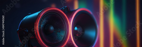 Close up loudspeaker neon led lighting  cyan and magenta  in a sound recording studio