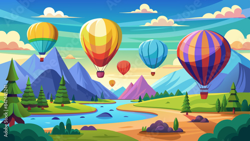 hot air balloons floating over mountain.