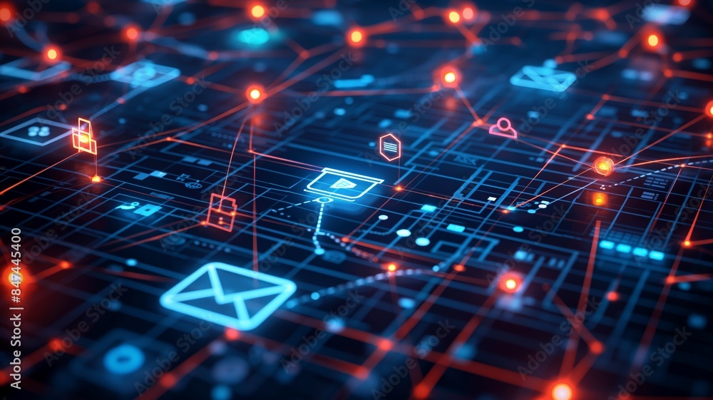 Obraz premium Digital Network Connections with Glowing Icons in Futuristic Cyber Grid