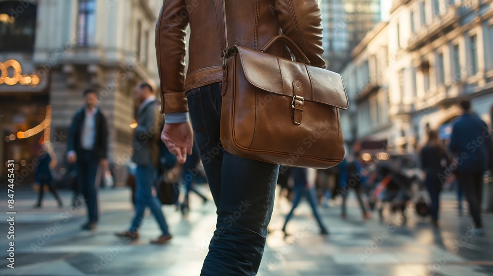 Fototapeta premium Urban Businessman Walking with Leather Briefcase in Bustling City Street