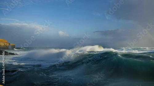 Powerful Waves Crashing Against Coastal Cliffs in the Early Morning