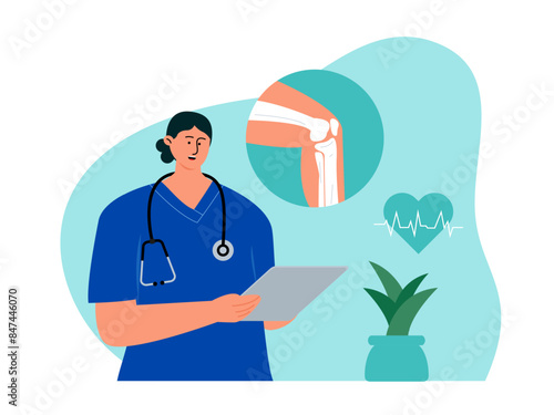 Female orthopaedic doctor check x-ray report. Medicine vector illustration