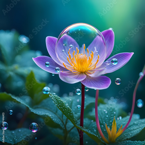 psychedelic flower with lightful bubble bloom standing in forest clearing photo