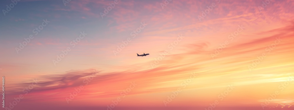 Photo of, A passenger plane flying above a city skyline at sunrise