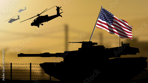 The silhouette of a tank in a war zone with the USA flag, helicopters flying in the background