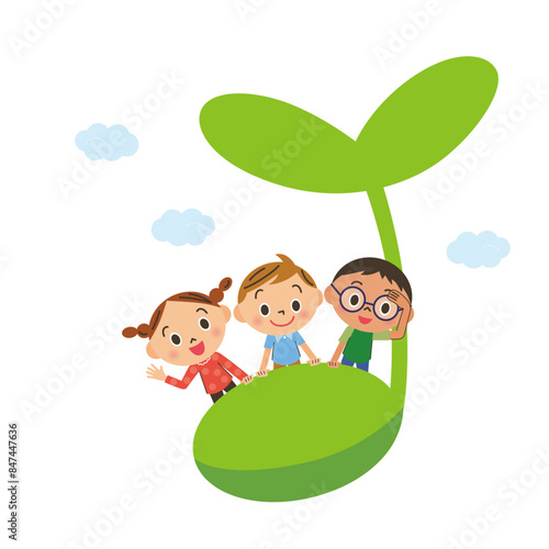 大きな苗に子供達が飛行している