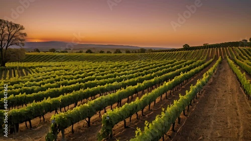 Vineyard Rows at Sunset in the Countryside