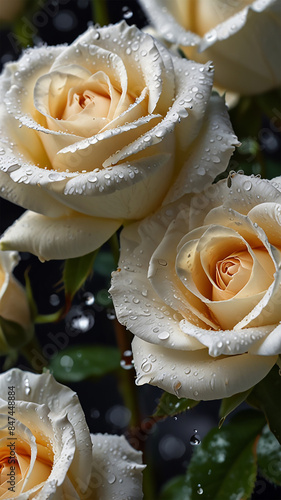 a close up of a white rose with water drops luxurious vertical background