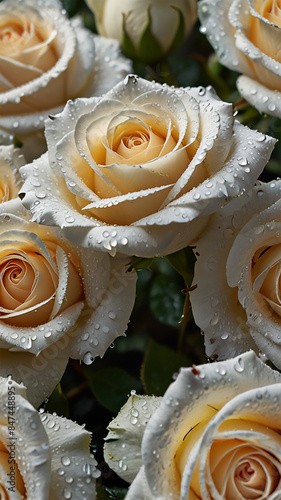 a close up of some white and cream roses with water drops elegance vertical background