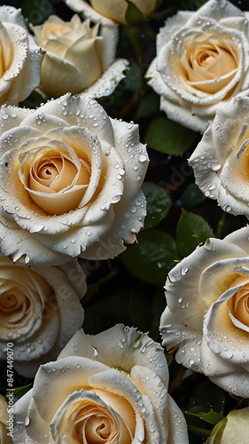 a close up of a bunch of white roses with water drops luxurious vertical background