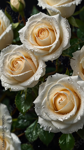 close up of a white roses bouquet with water drops vertical background