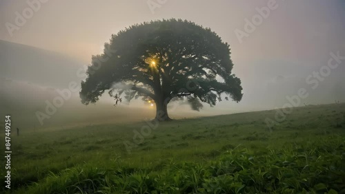 Majestic Oak Tree at Sunrise in Misty Field