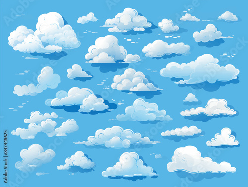 A set of watercolor painted clouds on a blue background isolated