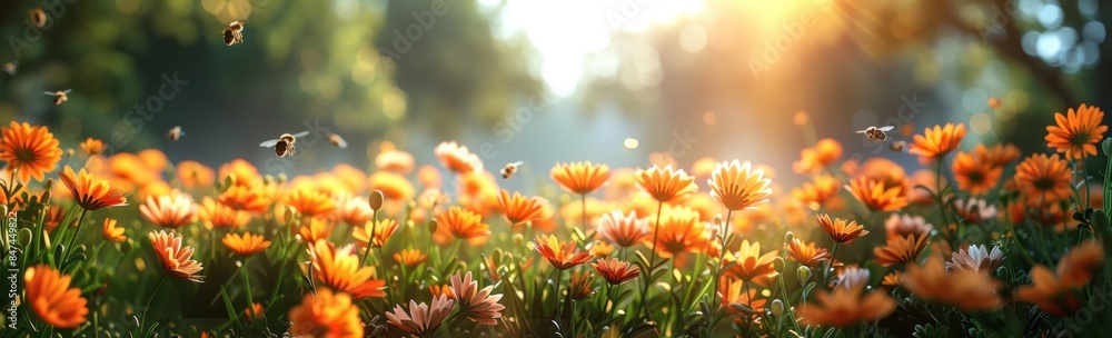 Sunlit Field of Orange Flowers with Bees Sunlit Field of Orange Flowers with Bees