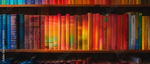 A collection of LGBTQ+ themed books on the shelves. Colorful books line up in rows on educational wooden shelves.