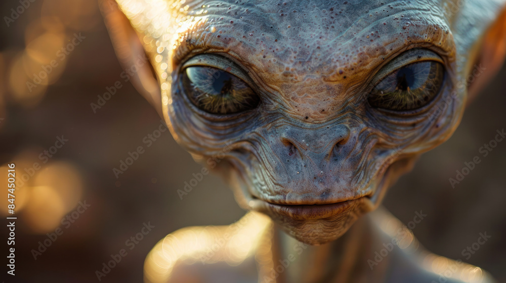 Close-Up of Alien Creature with Large Eyes and Detailed Skin Texture Close-Up of Alien Creature with Large Eyes and Detailed Skin Texture