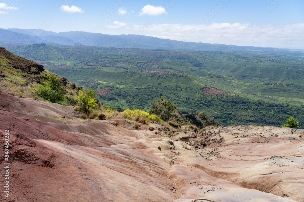 Red soil. Waimea Canyon Basalt / Napali Member / Lava flows, Kauai, Hawaii. Waimea River Red soil. Waimea Canyon Basalt / Napali Member / Lava flows, Kauai, Hawaii. Waimea River