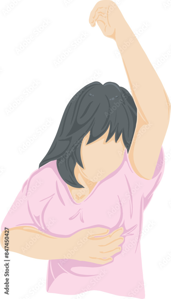 Drawing of a woman holding her breasts Medical illustrations. Breast cancer: nipple pulling, armpit pain, dimpling, lumps or thickenings, skin irritation. Flat vector illustration. Drawing of a woman holding her breasts Medical illustrations. Breast cancer: nipple pulling, armpit pain, dimpling, lumps or thickenings, skin irritation. Flat vector illustration.