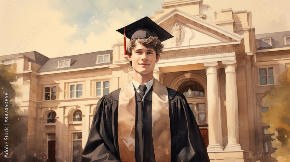 Young man in graduation cap and gown standing proudly in front of a ...