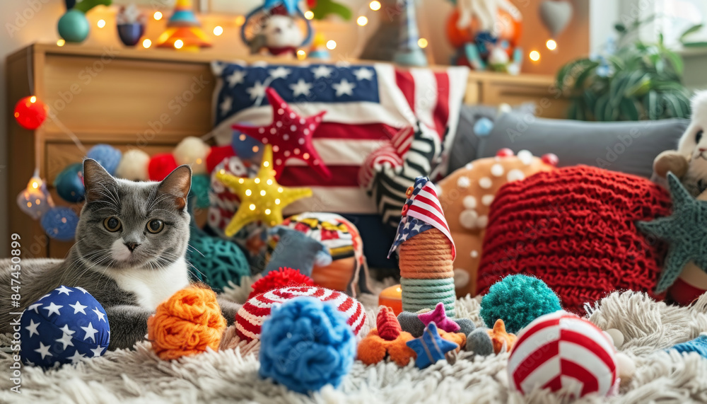 A cat is laying on a rug with a bunch of toys, including a red American flag