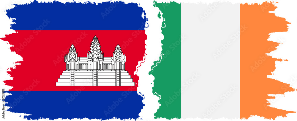 Obraz premium Ireland and Cambodia grunge flags connection vector