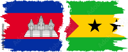 Sao Tome and Principe and Cambodia grunge flags connection vector