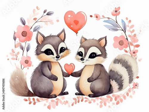 Raccoon watercolor animal. Wild mammal cute smile love in various action poses forest dweller exact vector cartoon funny mascot