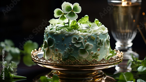 A cake adorned with green leaves and a glass of champagne, creating a delightful and celebratory image. photo