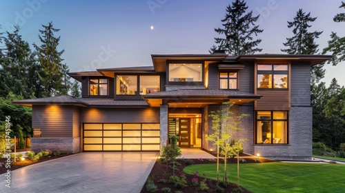 Modern two-story house at dusk with interior lights on, creating a warm and inviting atmosphere © paukan