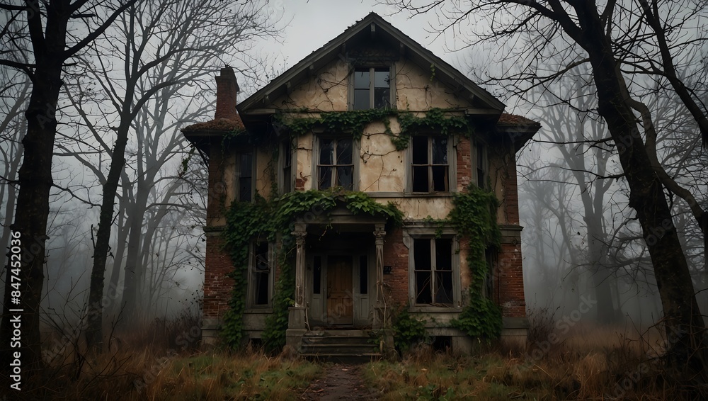 The eerie atmosphere of an abandoned house exterior, its windows boarded up and ivy crawling up the walls ai_generated The eerie atmosphere of an abandoned house exterior, its windows boarded up and ivy crawling up the walls ai_generated