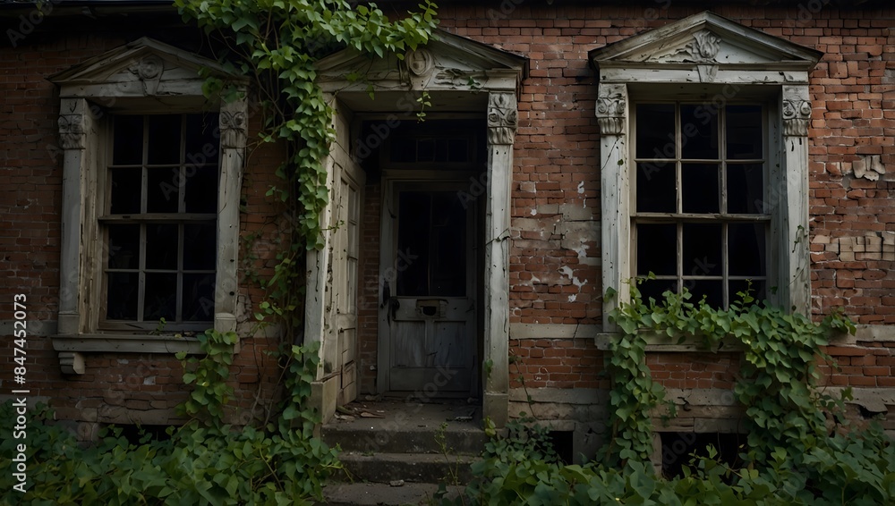 The eerie atmosphere of an abandoned house exterior, its windows boarded up and ivy crawling up the walls ai_generated The eerie atmosphere of an abandoned house exterior, its windows boarded up and ivy crawling up the walls ai_generated