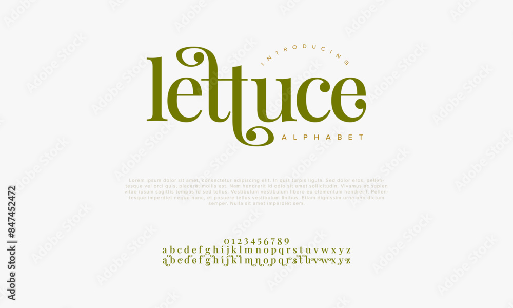 Lettuce premium luxury elegant alphabet letters and numbers. Vintage wedding typography classic serif font decorative vintage retro. creative vector illustration Lettuce premium luxury elegant alphabet letters and numbers. Vintage wedding typography classic serif font decorative vintage retro. creative vector illustration