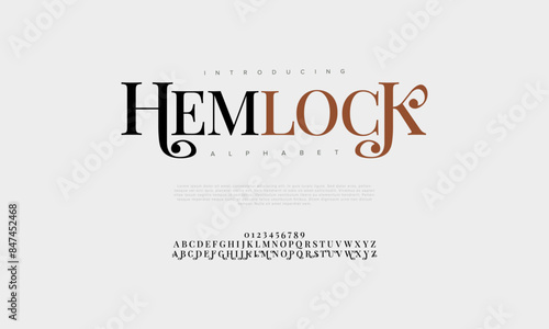 Hemlock premium luxury elegant alphabet letters and numbers. Vintage wedding typography classic serif font decorative vintage retro. creative vector illustration