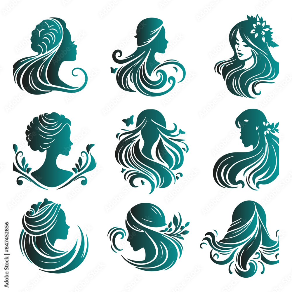 Set of luxury beauty woman hair style black logo design silhouette with white background. Set of luxury beauty woman hair style black logo design silhouette with white background.