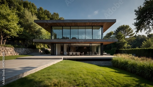 The striking contrast between a modern, sleek house exterior and the surrounding natural landscape ai_generated © Haroon