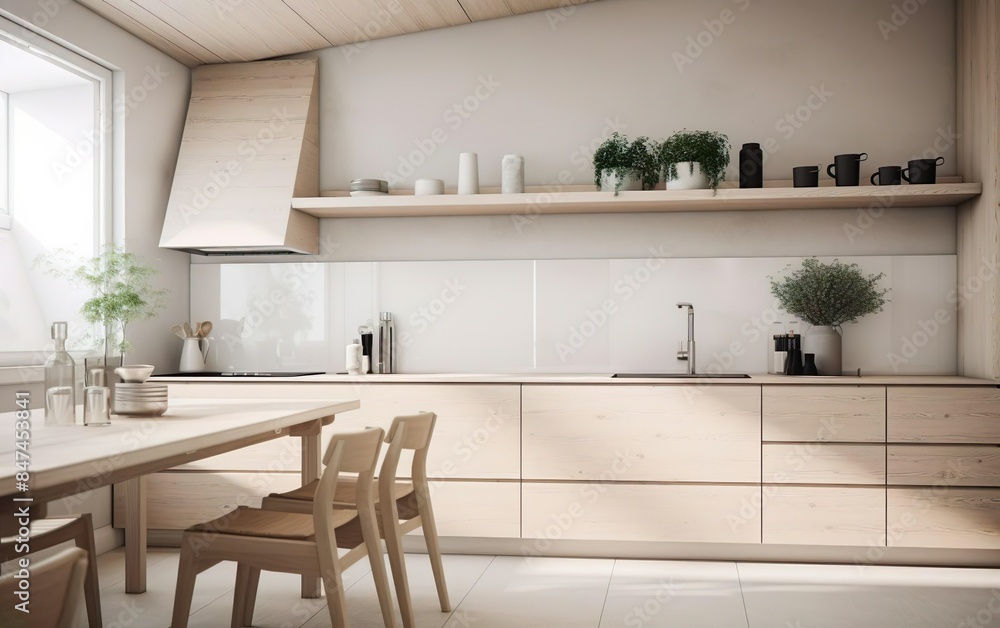 Modern kitchen, interior design, minimalistic scandinavian look. Natural wooden and white materials. Minimalistic sunny photo. AI Generative Modern kitchen, interior design, minimalistic scandinavian look. Natural wooden and white materials. Minimalistic sunny photo. AI Generative