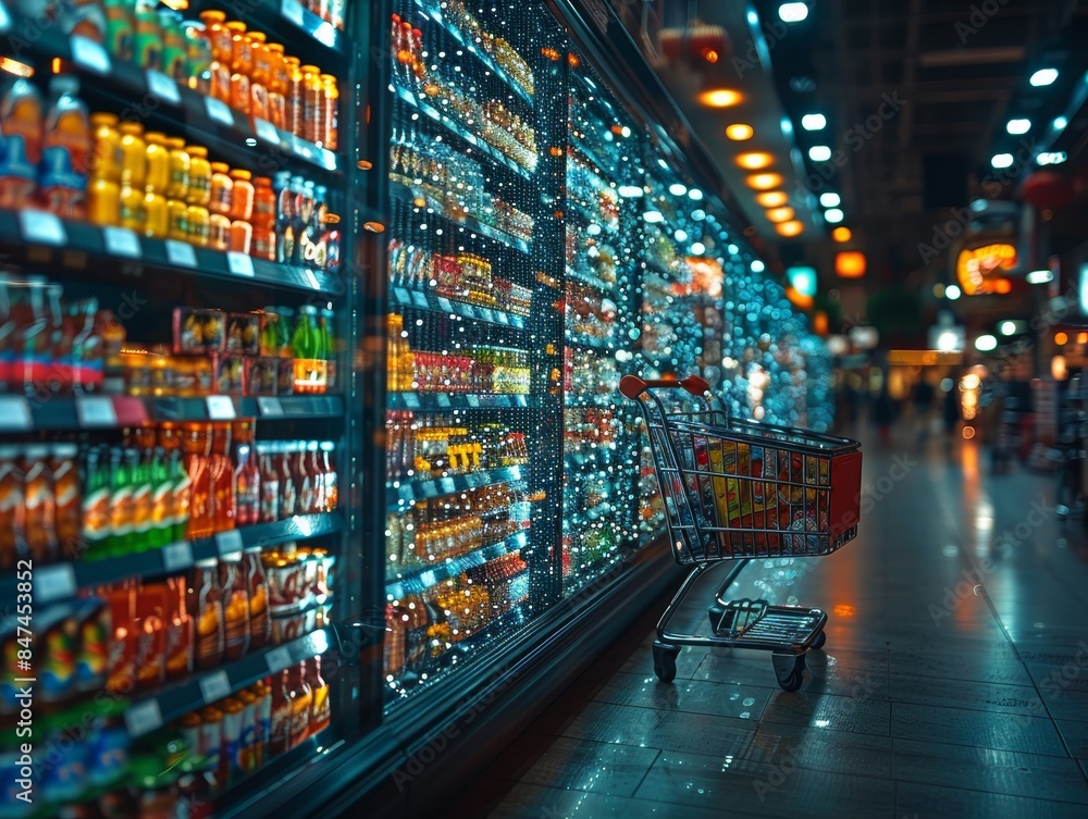 Obraz premium A shopping cart in a grocery store aisle lined with shelves full of various products and beverages, illuminated by bright lighting.